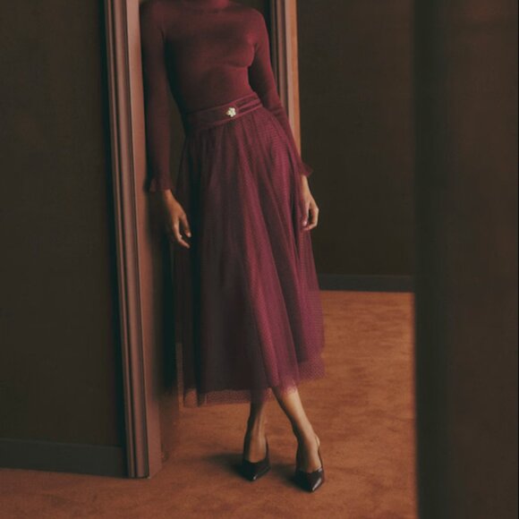 Sézane NWOT Masha Skirt in Burgundy Plumetis Size 42/US 10 - Picture 2 of 4